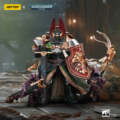 Warhammer 40,000 figurine with detailed armor and weapons on a dark background