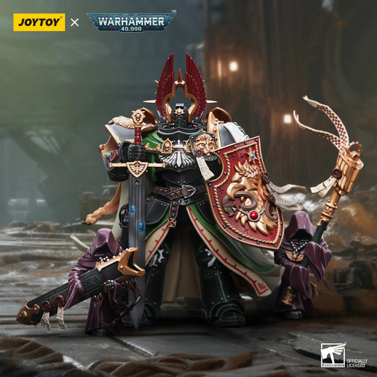 Warhammer 40,000 figurine with detailed armor and weapons on a dark background