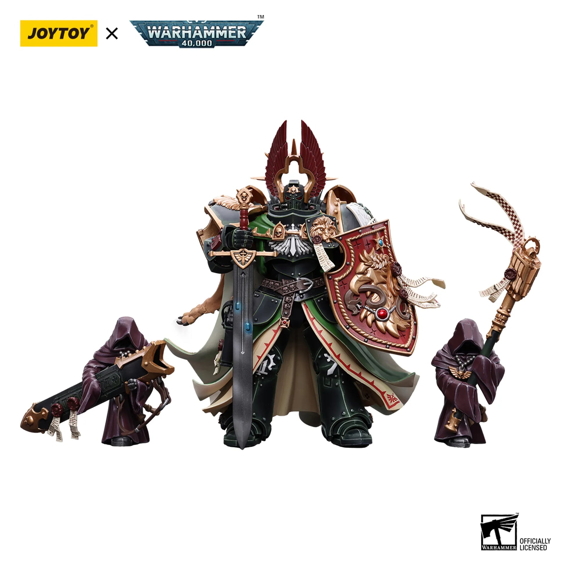 Warhammer figurine with two smaller figures on a white background, featuring Joytoy and Warhammer logos.