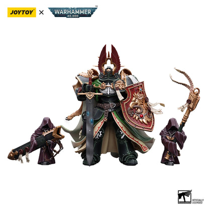 Warhammer figurine with two smaller figures on a white background, featuring Joytoy and Warhammer logos.