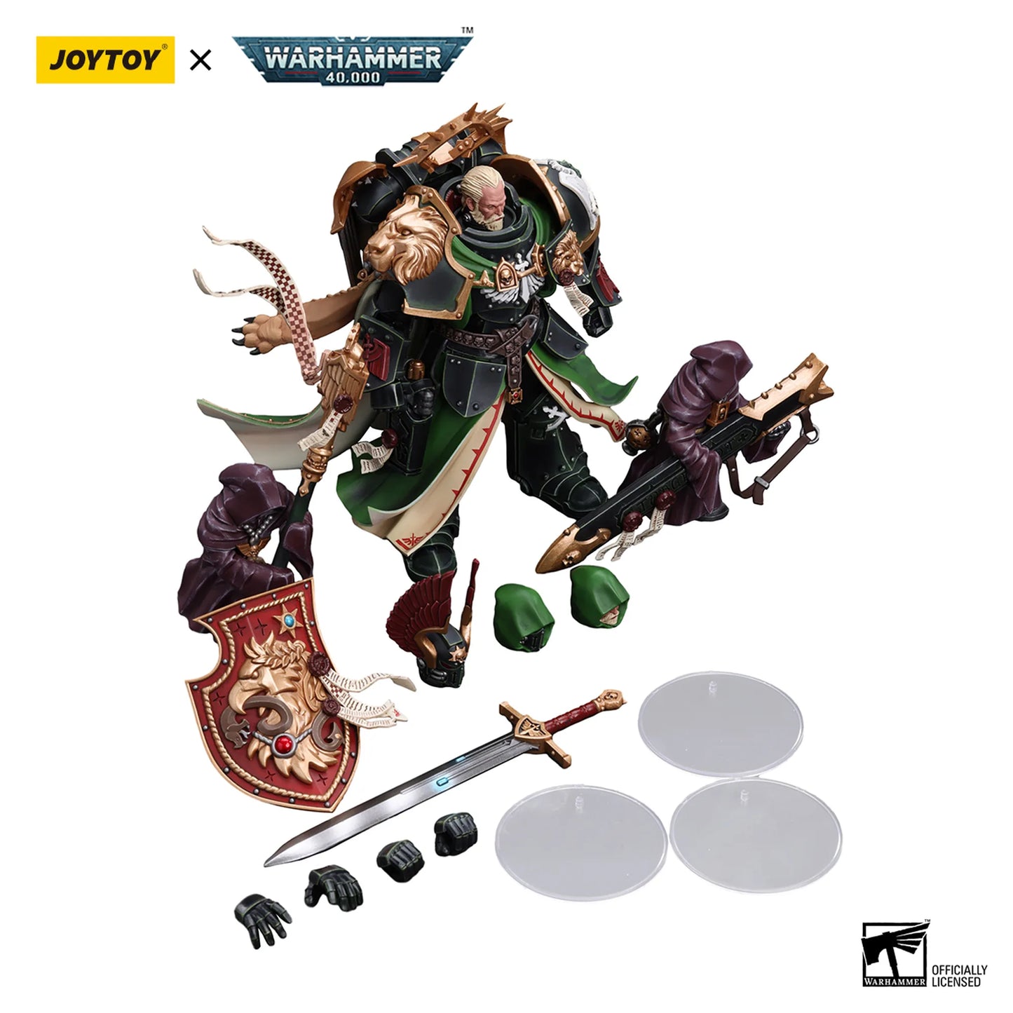 Toy figure with accessories on a white background, featuring Joytoy and Warhammer branding.