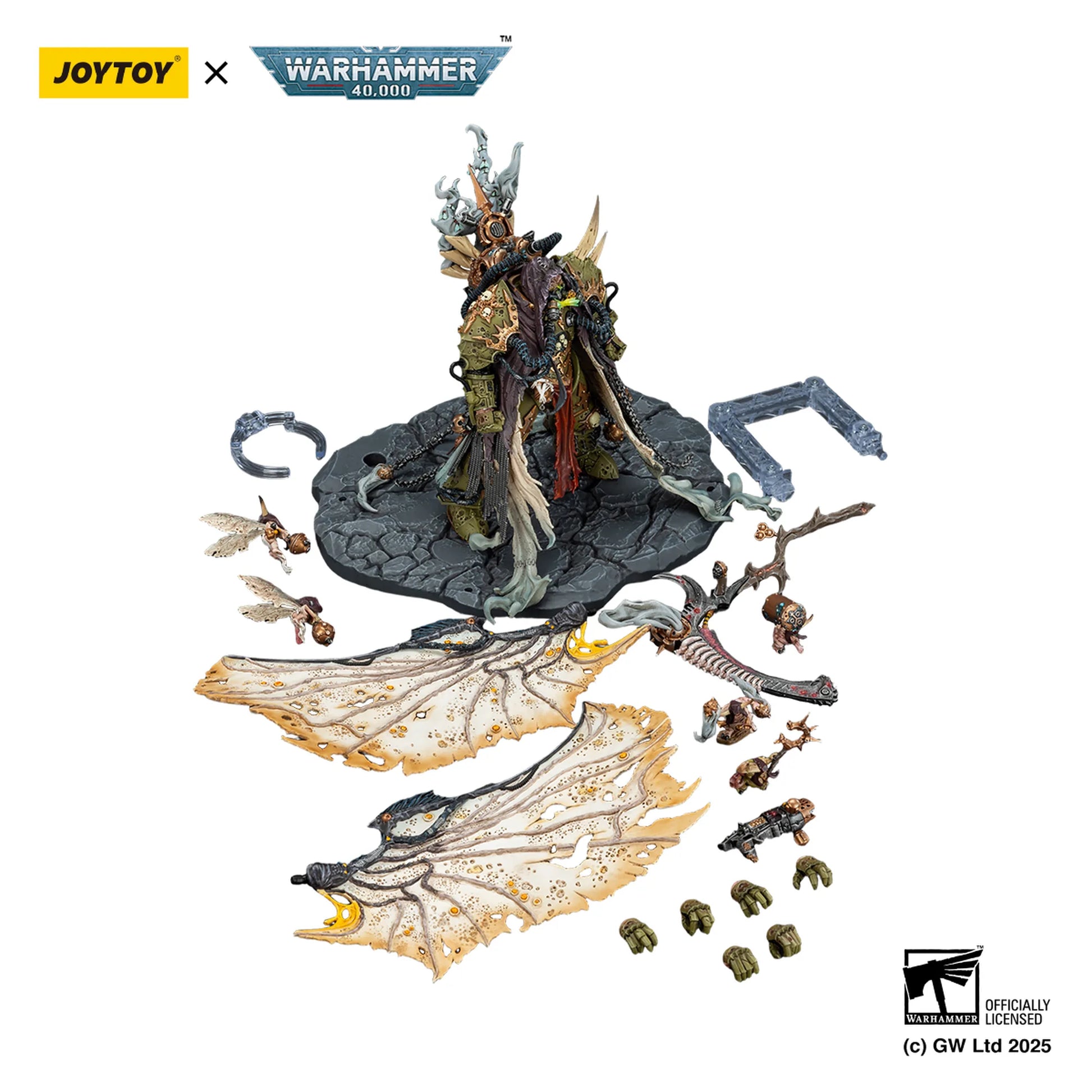 Toy figure set with components on a white background, featuring Joytoy and Warhammer branding.