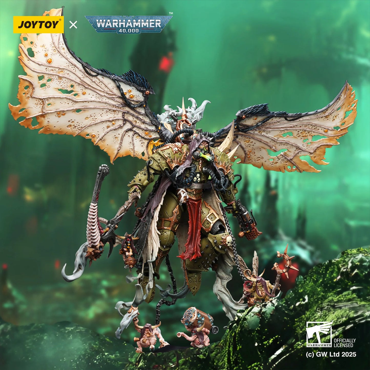 Toy figure of a warrior with wings on a fantasy landscape, featuring Joytoy and Warhammer branding.