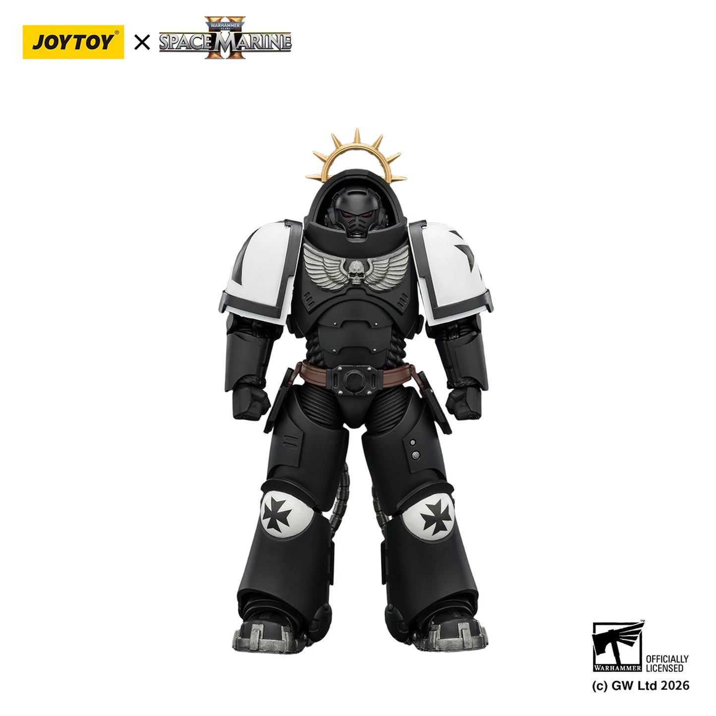 Toy figure in black and white armor with Joytoy and Space Marine branding on a white background.