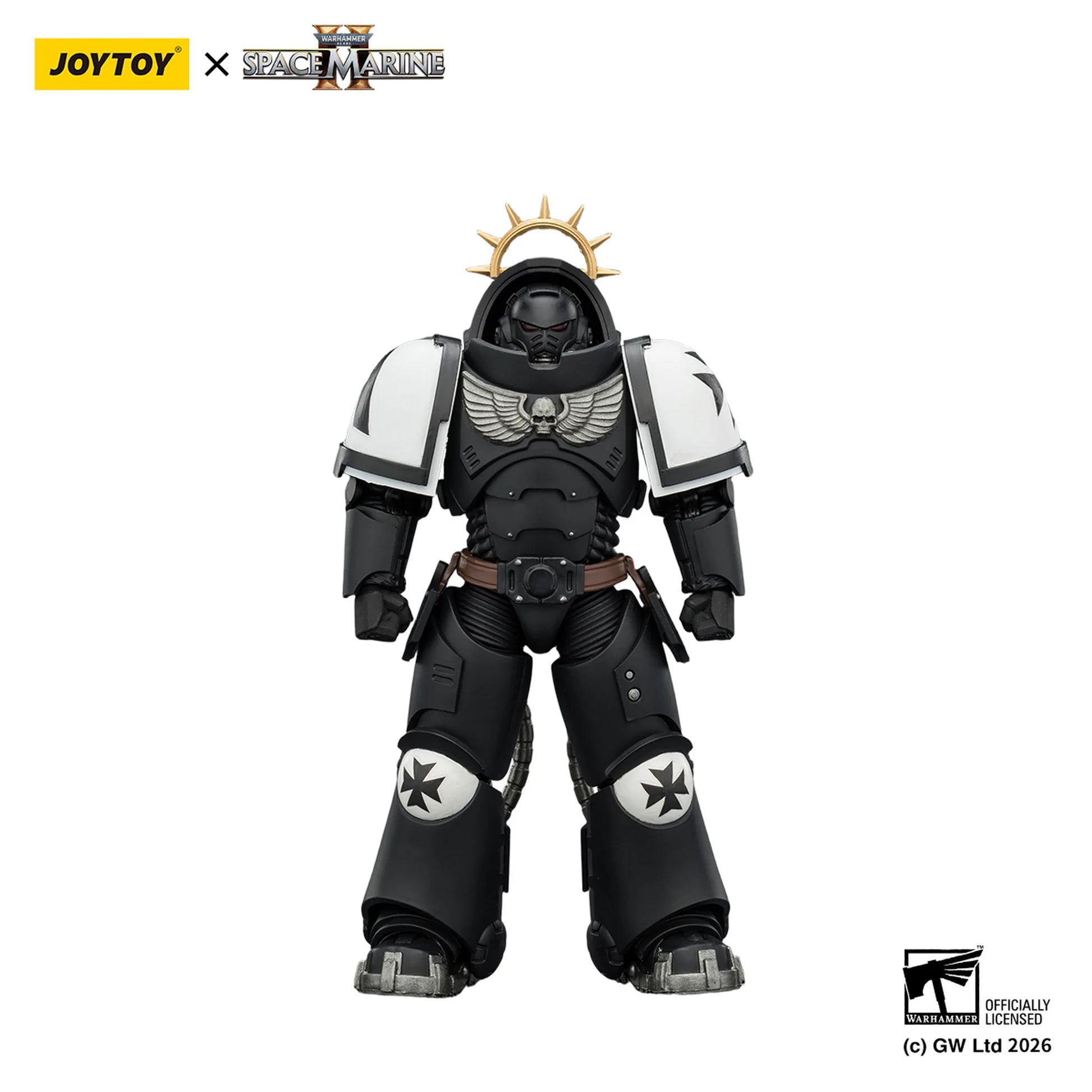 Toy figure in black and white armor with Joytoy and Space Marine branding on a white background.