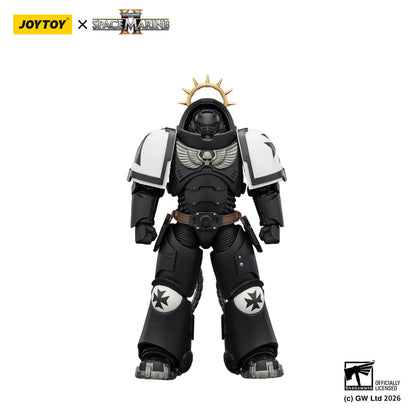 Toy figure in black and white armor with Joytoy and Space Marine branding on a white background.