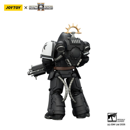Toy figure of a robot with Joytoy and Space Marine branding on a white background