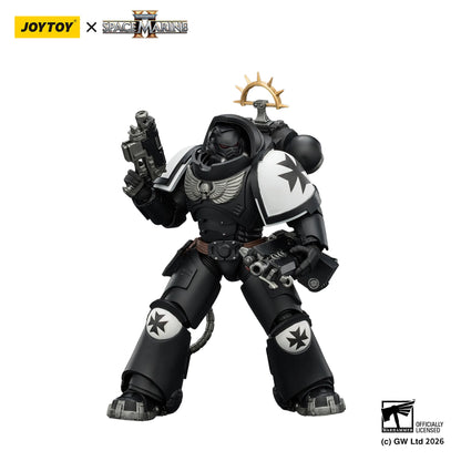 Toy figure with black and white armor, holding a weapon, on a white background with Joytoy and Space Marine branding.