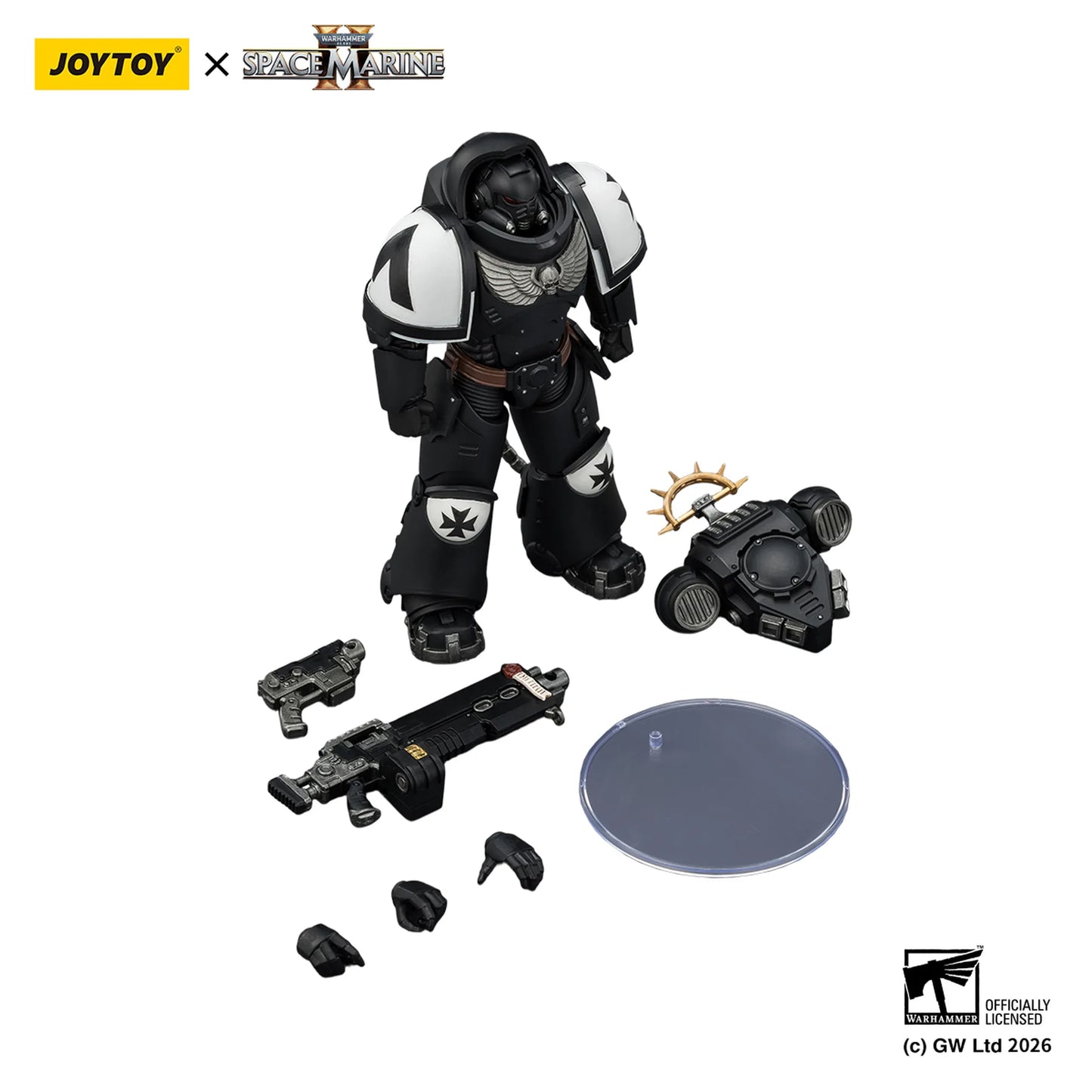Toy figure with accessories on a white background, featuring JOYTOY and Space Marine branding.
