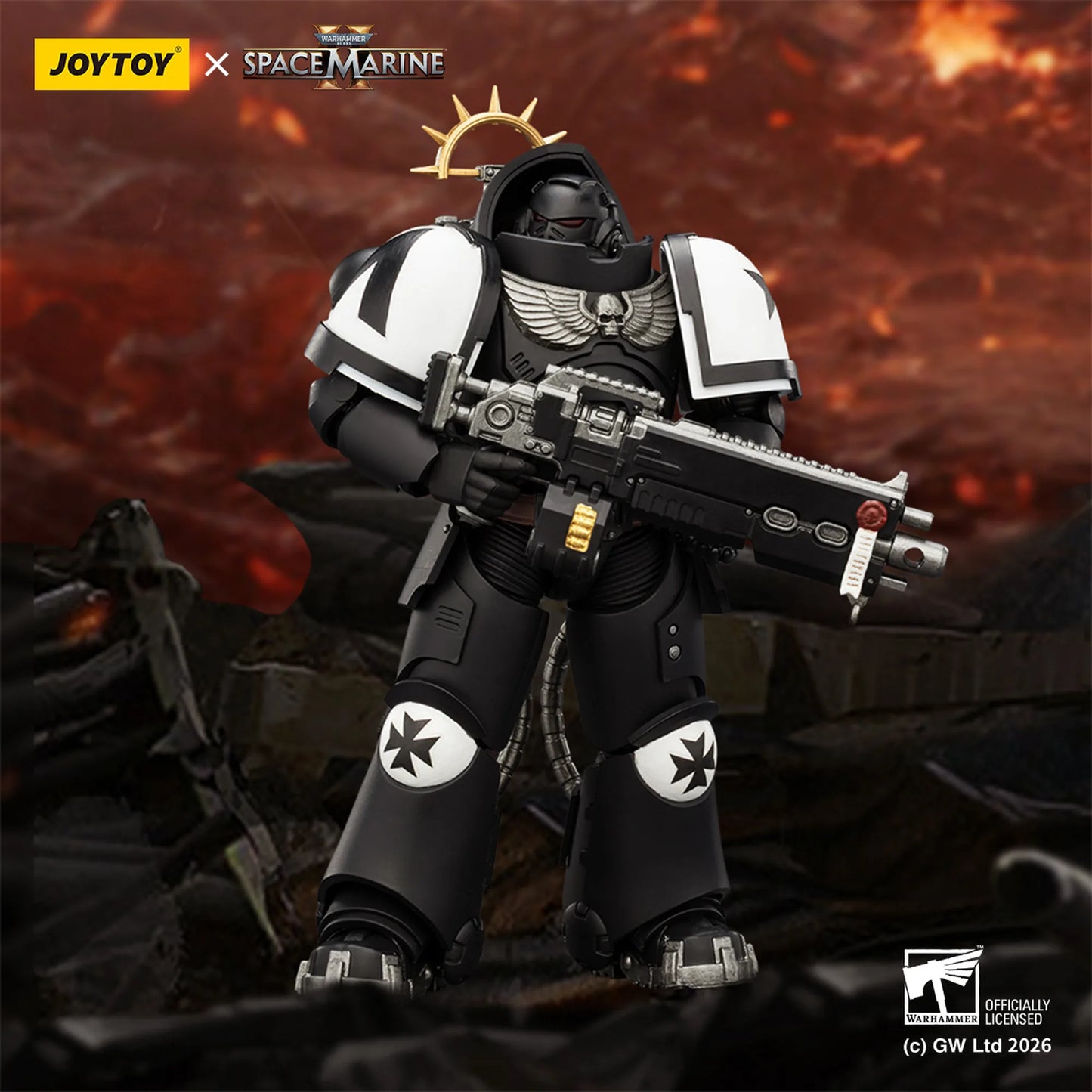 Toy figure of a Space Marine with a gun, set against a fiery background, featuring the JOYTOY and Games Workshop logos.