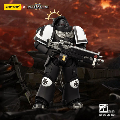 Toy figure of a Space Marine with a gun, set against a fiery background, featuring the JOYTOY and Games Workshop logos.