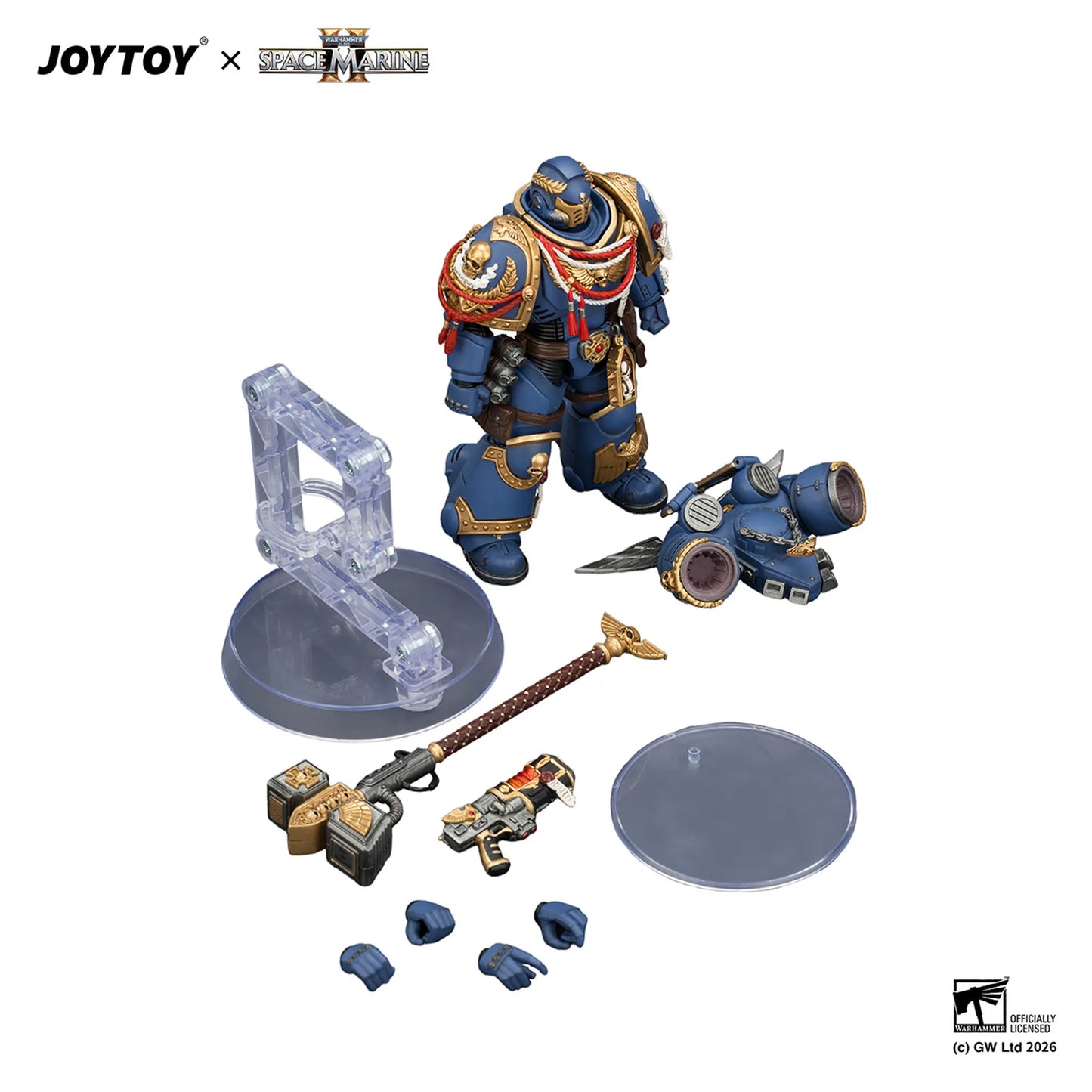 Toy figure set with detailed armor and weapons on a white background, featuring JOYTOY and Games Workshop logos.