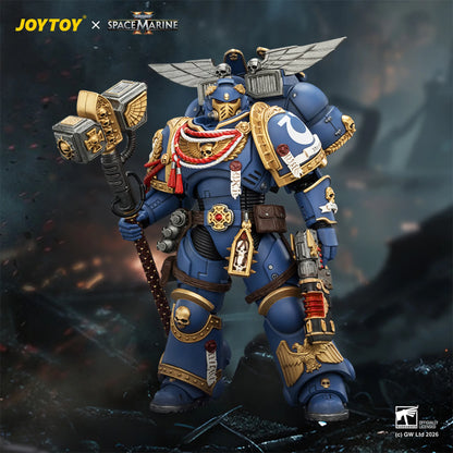 Toy figure of a Space Marine with detailed armor and weapon, branded with JOYTOY and Space Marine logos.