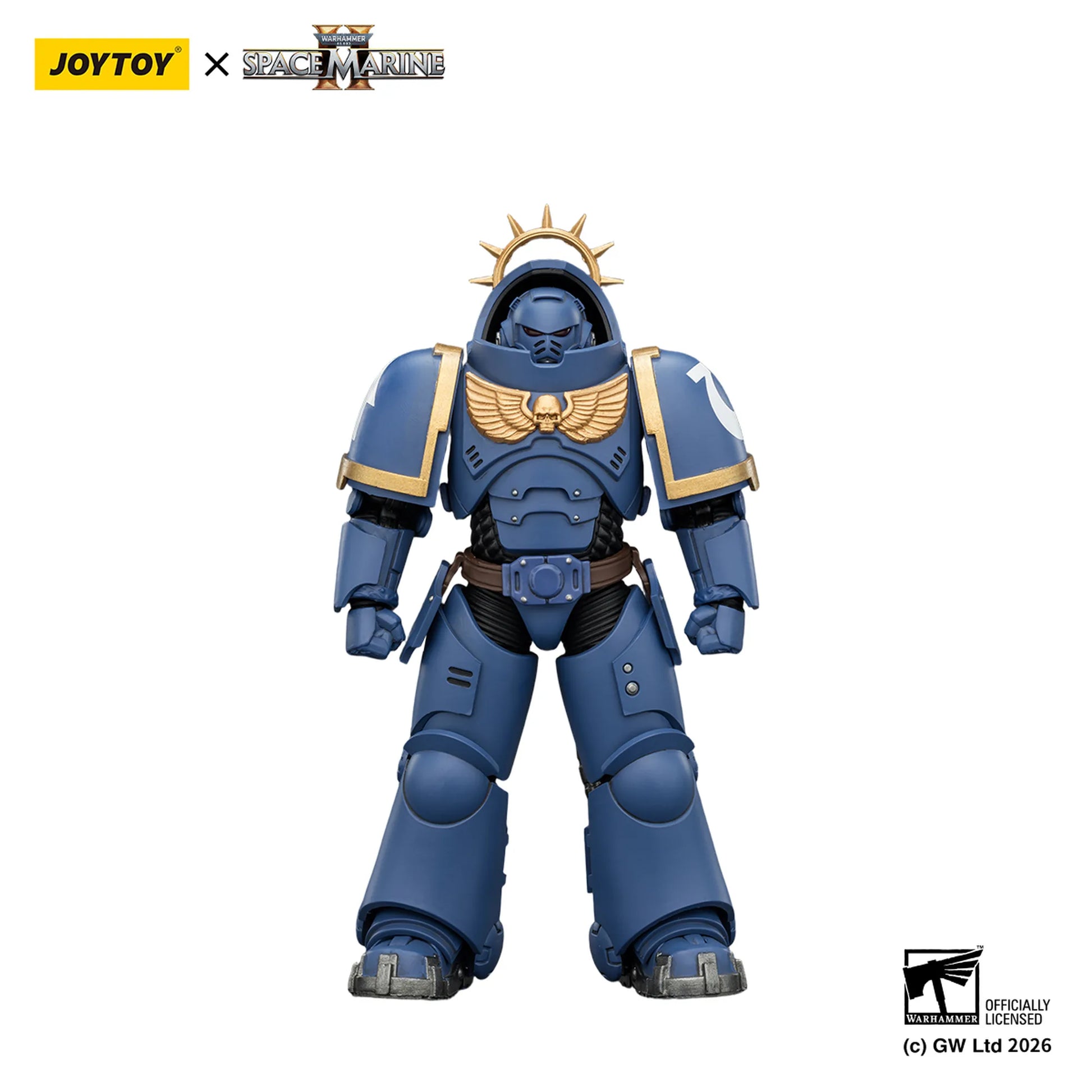 Blue and gold action figure with JOYTOY and Space Marine branding on a white background