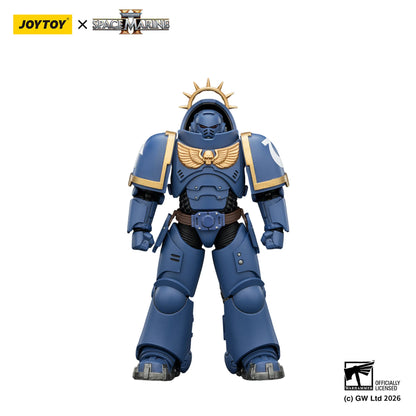 Blue and gold action figure with JOYTOY and Space Marine branding on a white background