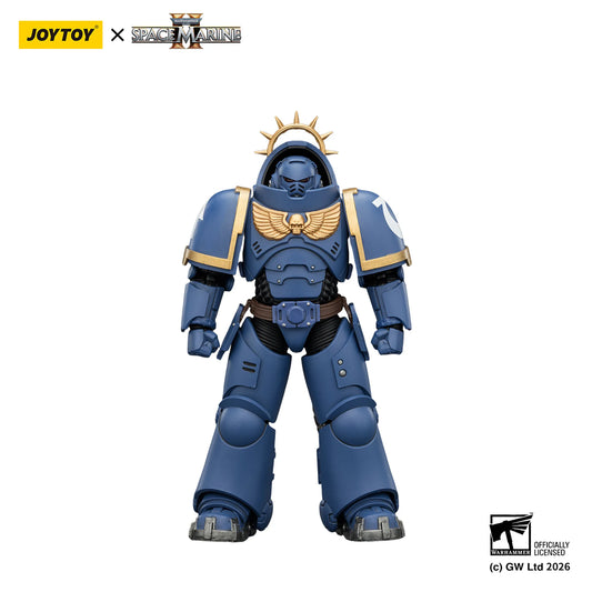 Blue and gold action figure with JOYTOY and Space Marine branding on a white background