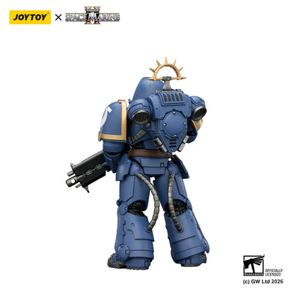 Blue robot figure with gold accents on a white background, featuring Joytoy and Space Marine branding.