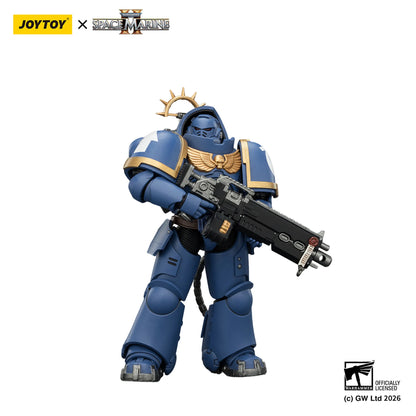 Blue and gold action figure with weapon, branded as Joytoy x Space Marine, on a white background.