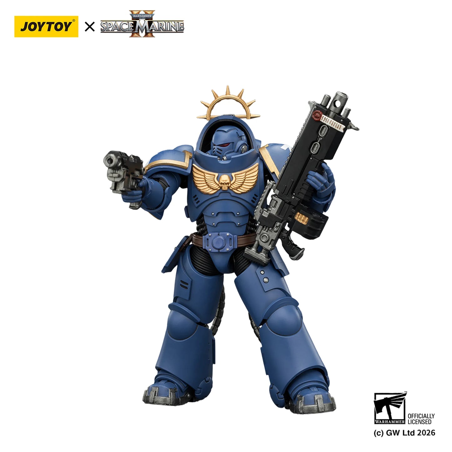 Blue action figure with weapons on a white background, featuring Joytoy and Space Marine branding.