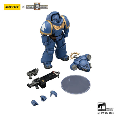 Toy figure of a space marine with accessories on a white background, featuring JOYTOY and Space Marine branding.