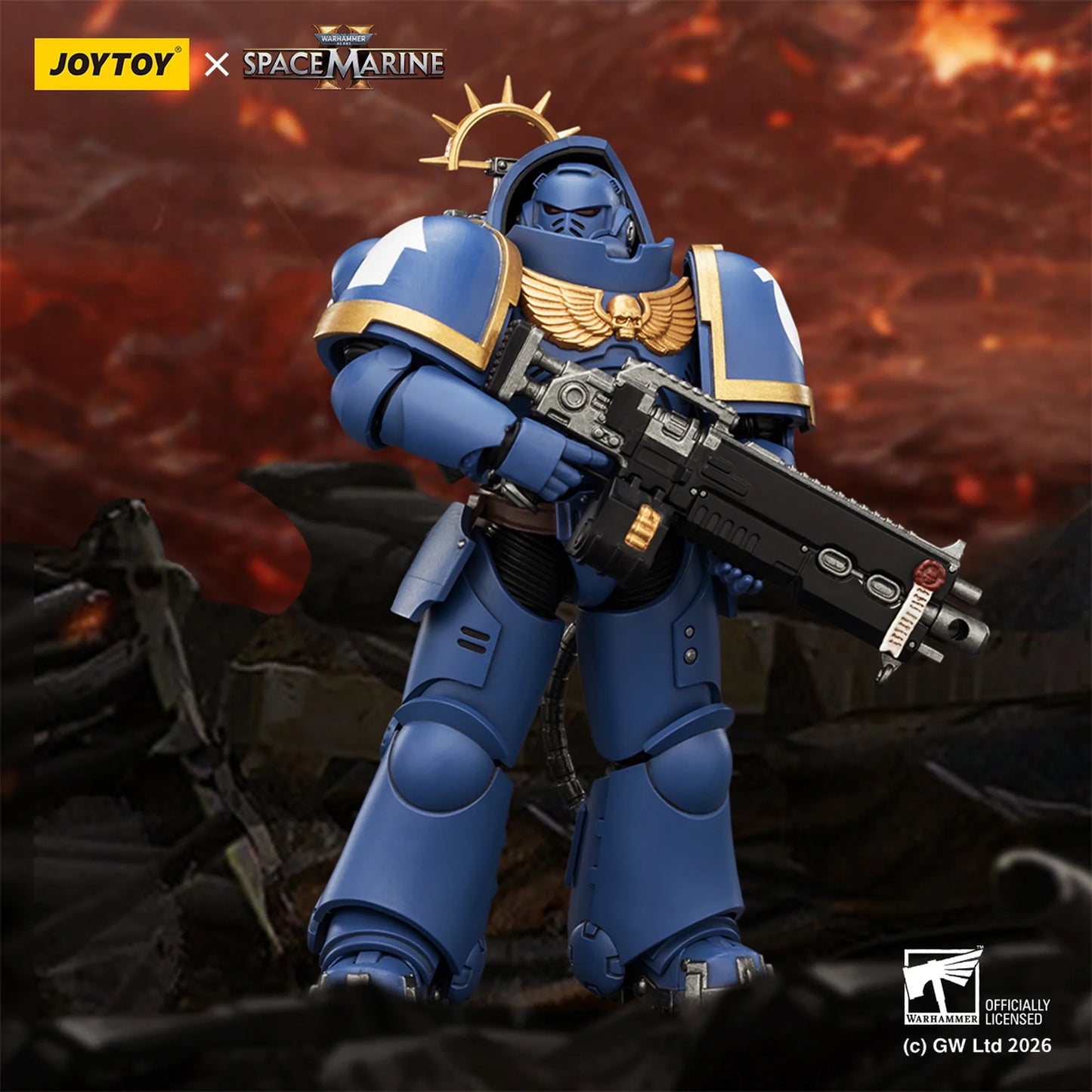 Toy figure of a Space Marine in blue armor with a weapon, set against a fiery background.
