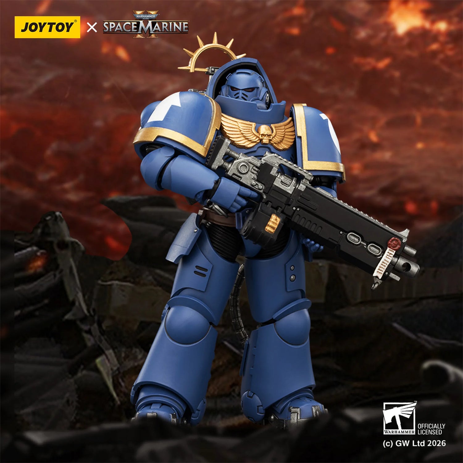 Toy figure of a Space Marine in blue armor with a weapon, set against a fiery background.