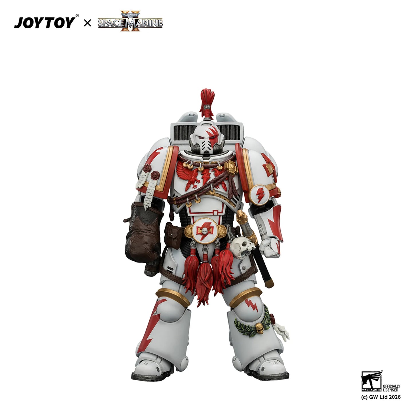 Toy figure of a warrior in white and red armor with JOYTOY and Games Workshop logos.