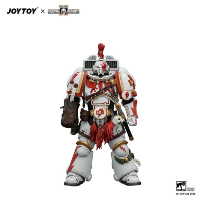 Toy figure of a warrior in white and red armor with JOYTOY and Games Workshop logos.