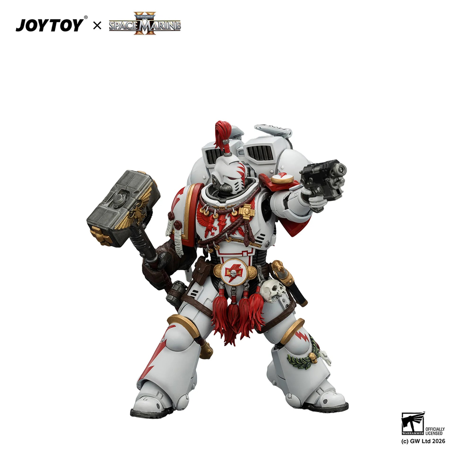 Toy figure of a warrior in white armor with red accents on a white background, featuring JOYTOY and Games Workshop logos.