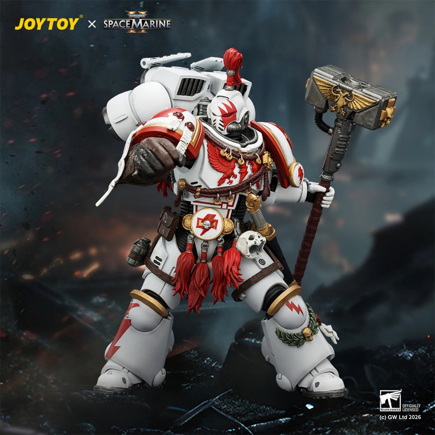 Toy figure of a Space Marine with detailed armor and weapon, branded with JOYTOY and Space Marine logos.