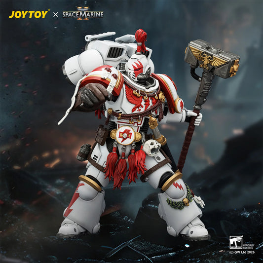 Toy figure of a Space Marine with detailed armor and weapon, branded with JOYTOY and Space Marine logos.