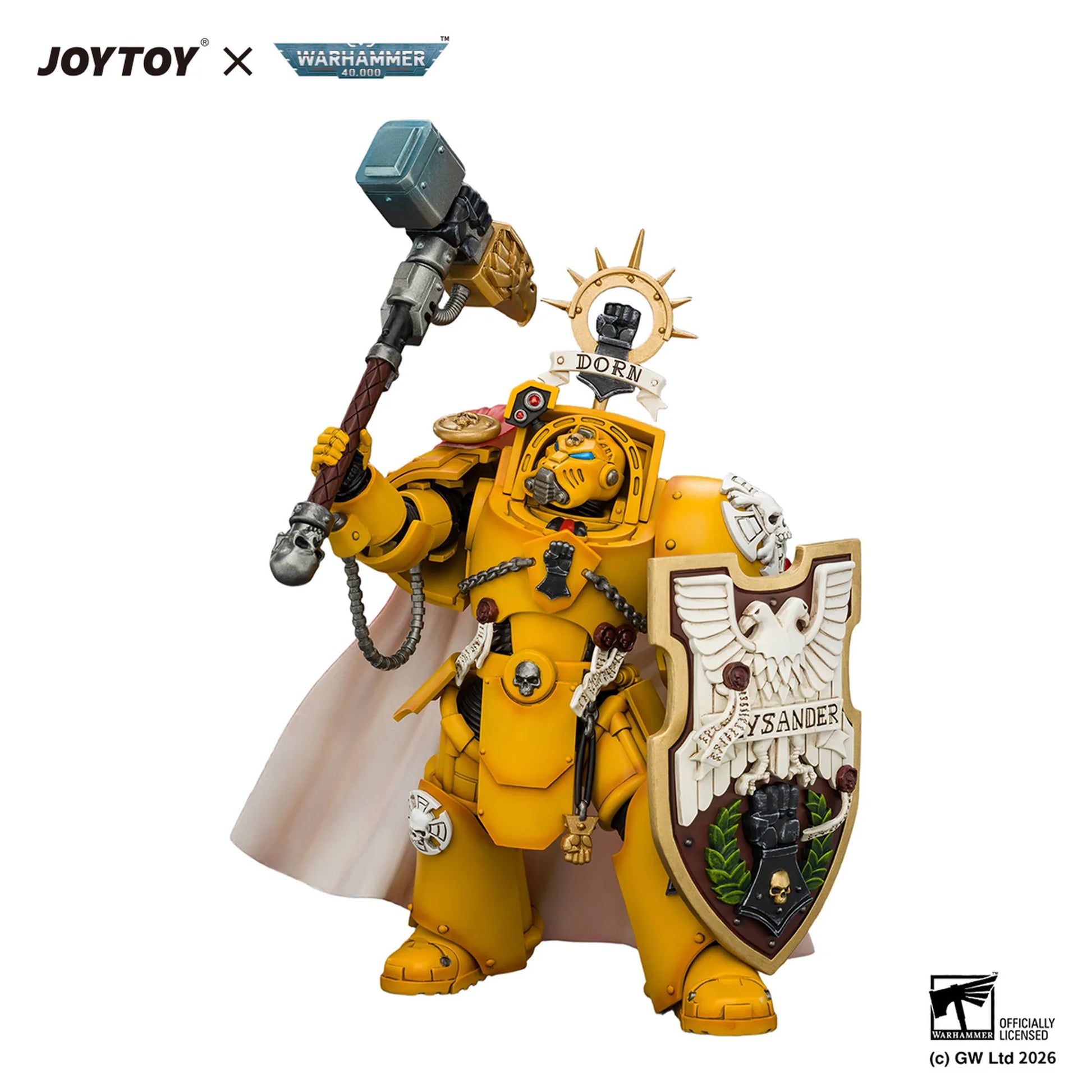 A detailed collectible action figure of a Warhammer 40k Space Marine warrior, branded by JOYTOY and Special Effects Toys. The figure is painted in a bright yellow armor with a white cape, holding a large hammer and a shield featuring an eagle and the word 'SUSANER'.