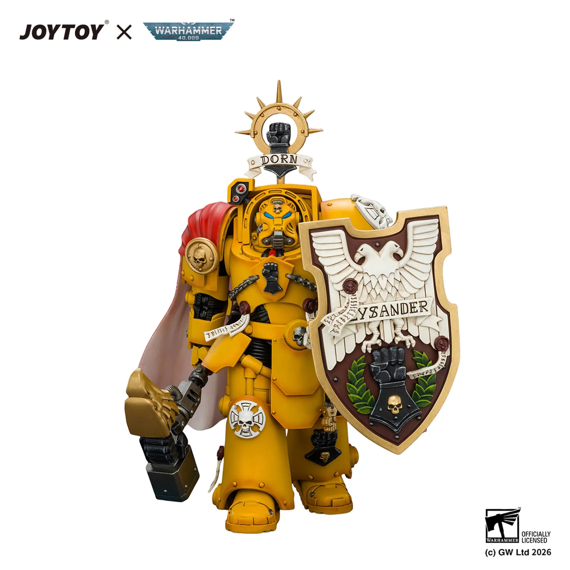 A yellow Warhammer 40k Space Marine action figure with a shield and hammer, shown on a white background with JOYTOY and Warhammer 40k branding.