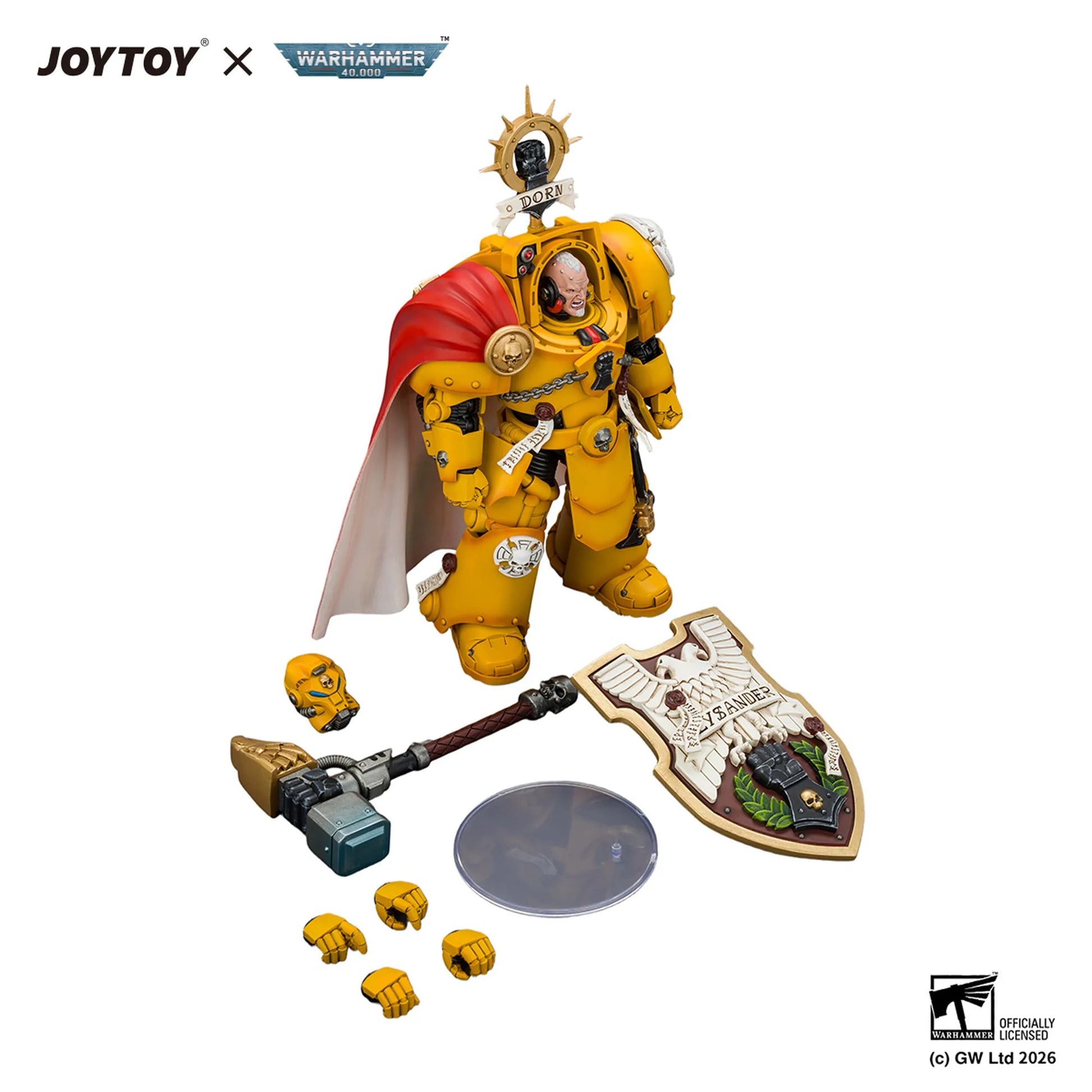 Warhammer 40k Powered Armor Space Marine action figure by JOYTOY, shown with accessories including a shield, hammer, extra hands, and alternate head on a white background.