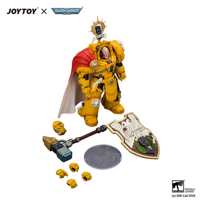 Warhammer 40k Powered Armor Space Marine action figure by JOYTOY, shown with accessories including a shield, hammer, extra hands, and alternate head on a white background.