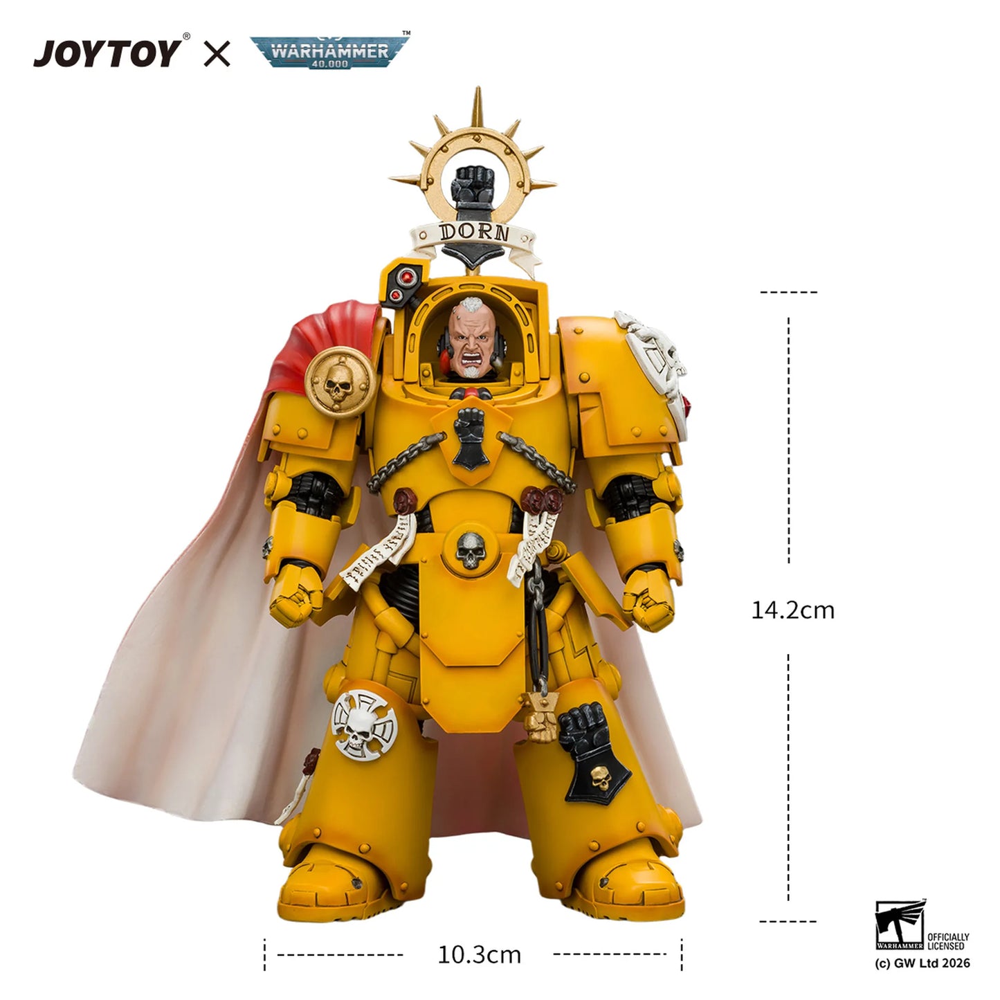 A yellow Warhammer 40k Space Marine figure with a white cape, shown on a white background with dimension lines indicating 14.2cm height