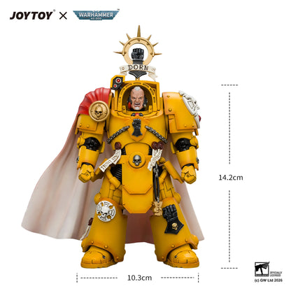 A yellow Warhammer 40k Space Marine figure with a white cape, shown on a white background with dimension lines indicating 14.2cm height