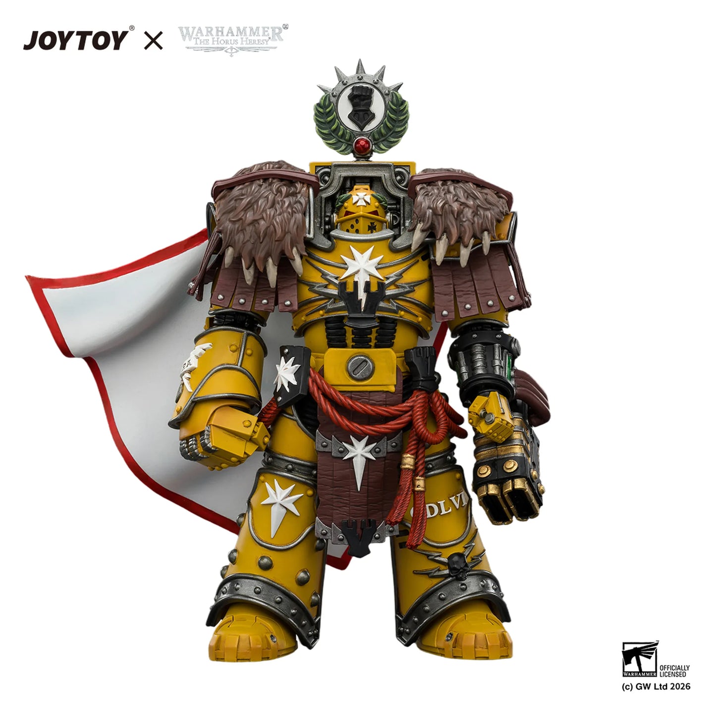 Toy figure with detailed armor and a banner, featuring JOYTOY and Warhammer branding.