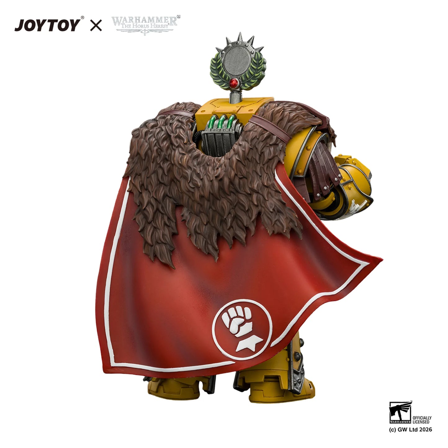 Toy figure with a red cape and brown fur, featuring JOYTOY and Warhammer branding.