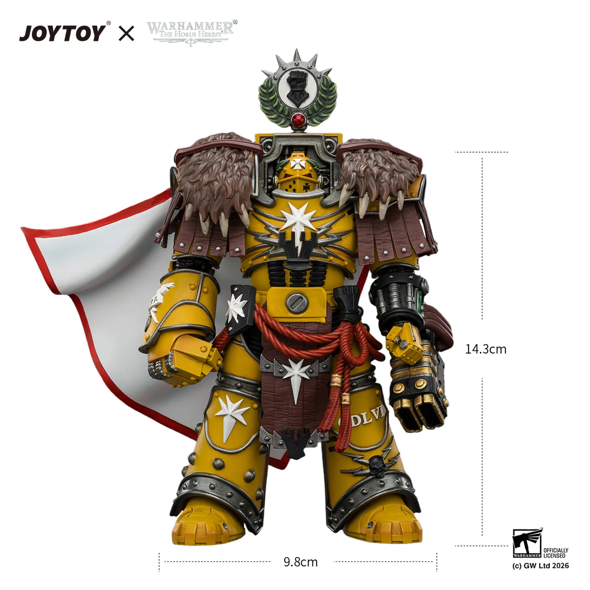 Toy figure with detailed armor and a banner, featuring JOYTOY and Warhammer branding.