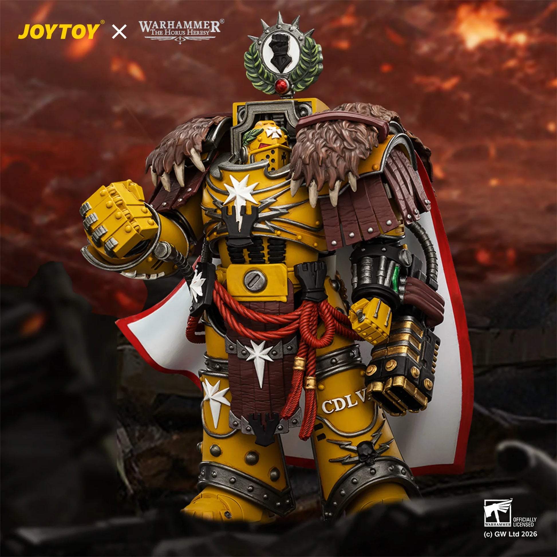 Toy figure with detailed armor and accessories against a fiery background, featuring JOYTOY and Warhammer logos.