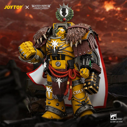 Toy figure with detailed armor and accessories against a fiery background, featuring JOYTOY and Warhammer logos.