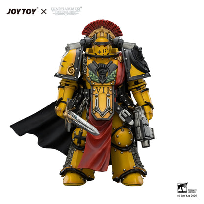 Toy figure of a warrior in ornate armor with measurement details on a white background