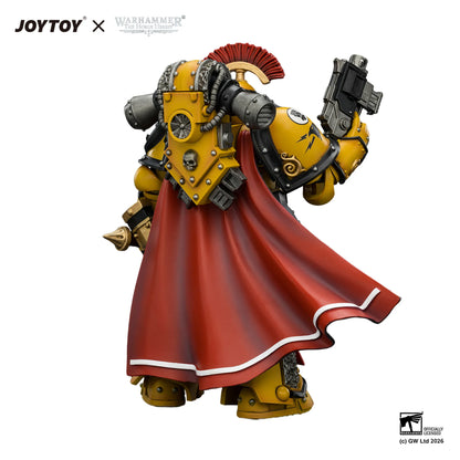 Toy figure with yellow armor and red cape on a white background, featuring JOYTOY and Warhammer branding.