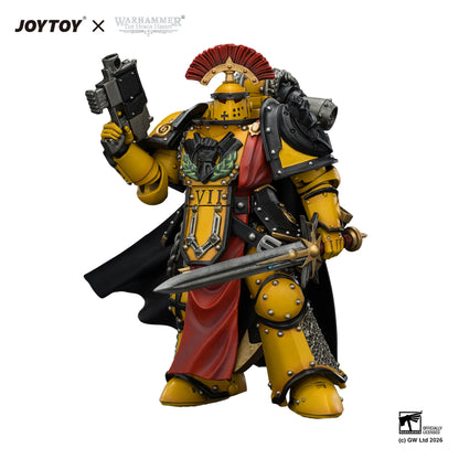 Warhammer figurine with yellow and black armor, holding a sword and gun, on a white background.