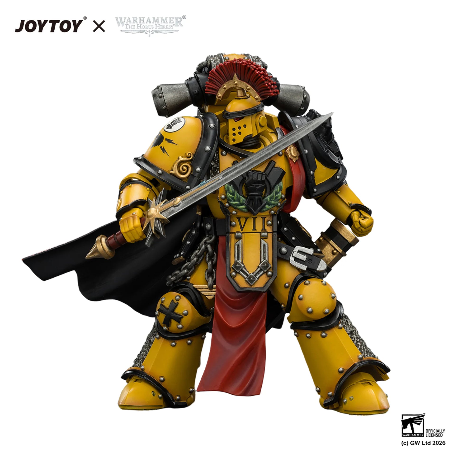 Warhammer figurine with yellow armor and red cape, holding a sword, on a white background.