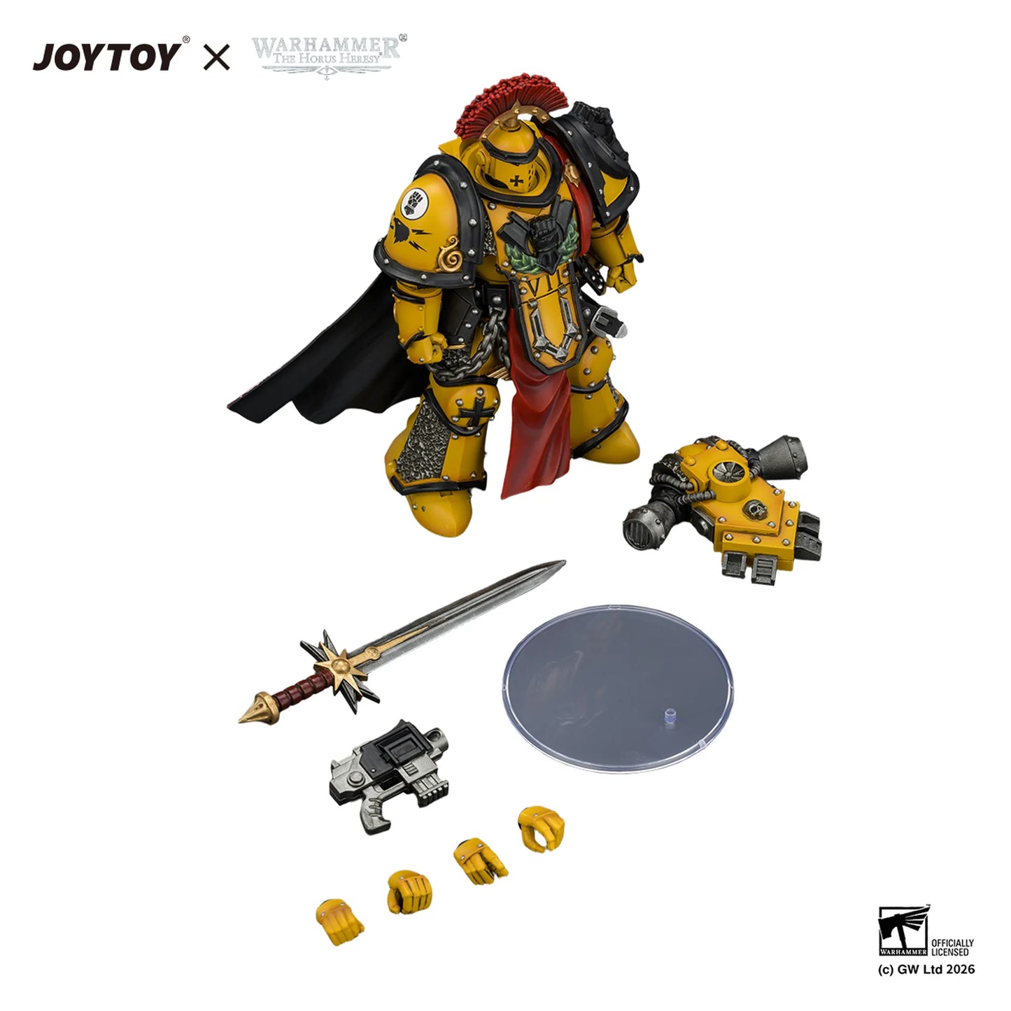 Toy figure with accessories on a white background, featuring JOYTOY and Warhammer branding.