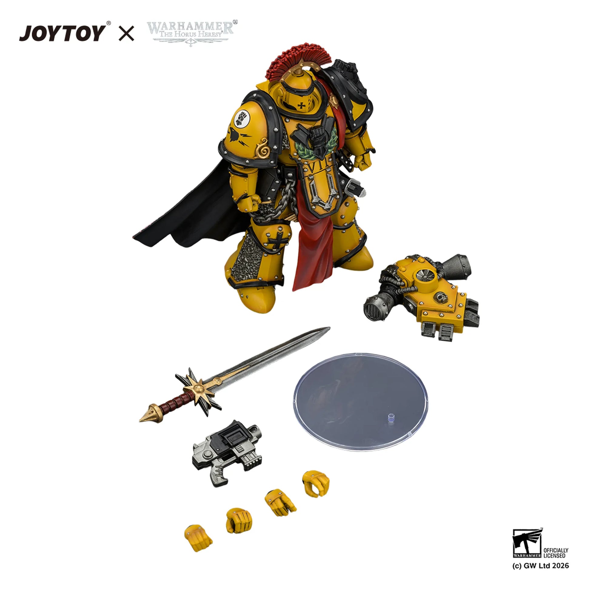 Toy figure with accessories on a white background, featuring JOYTOY and Warhammer branding.