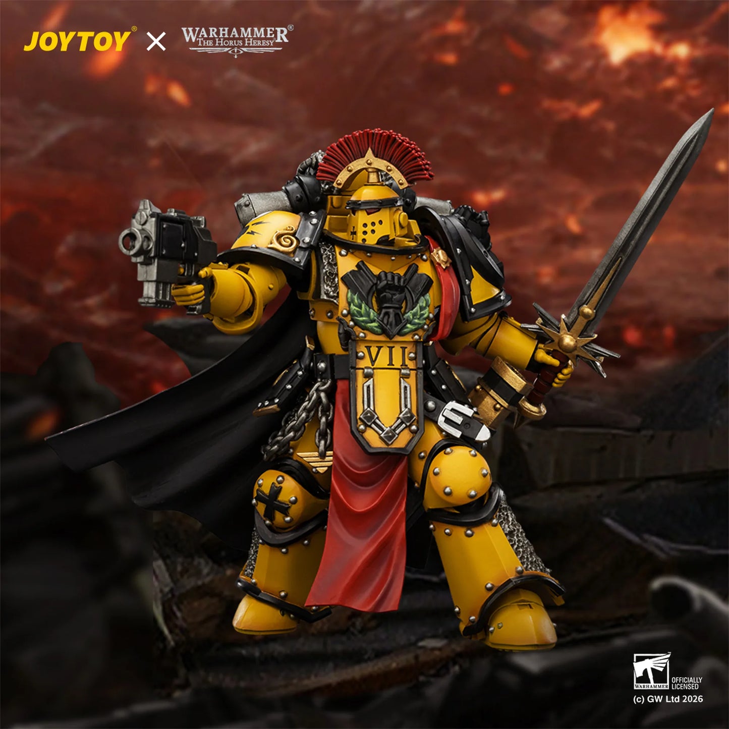 Warhammer figurine with yellow armor and red accents against a fiery background, featuring Joytoy and Warhammer logos.
