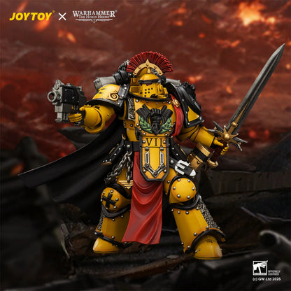 Warhammer figurine with yellow armor and red accents against a fiery background, featuring Joytoy and Warhammer logos.